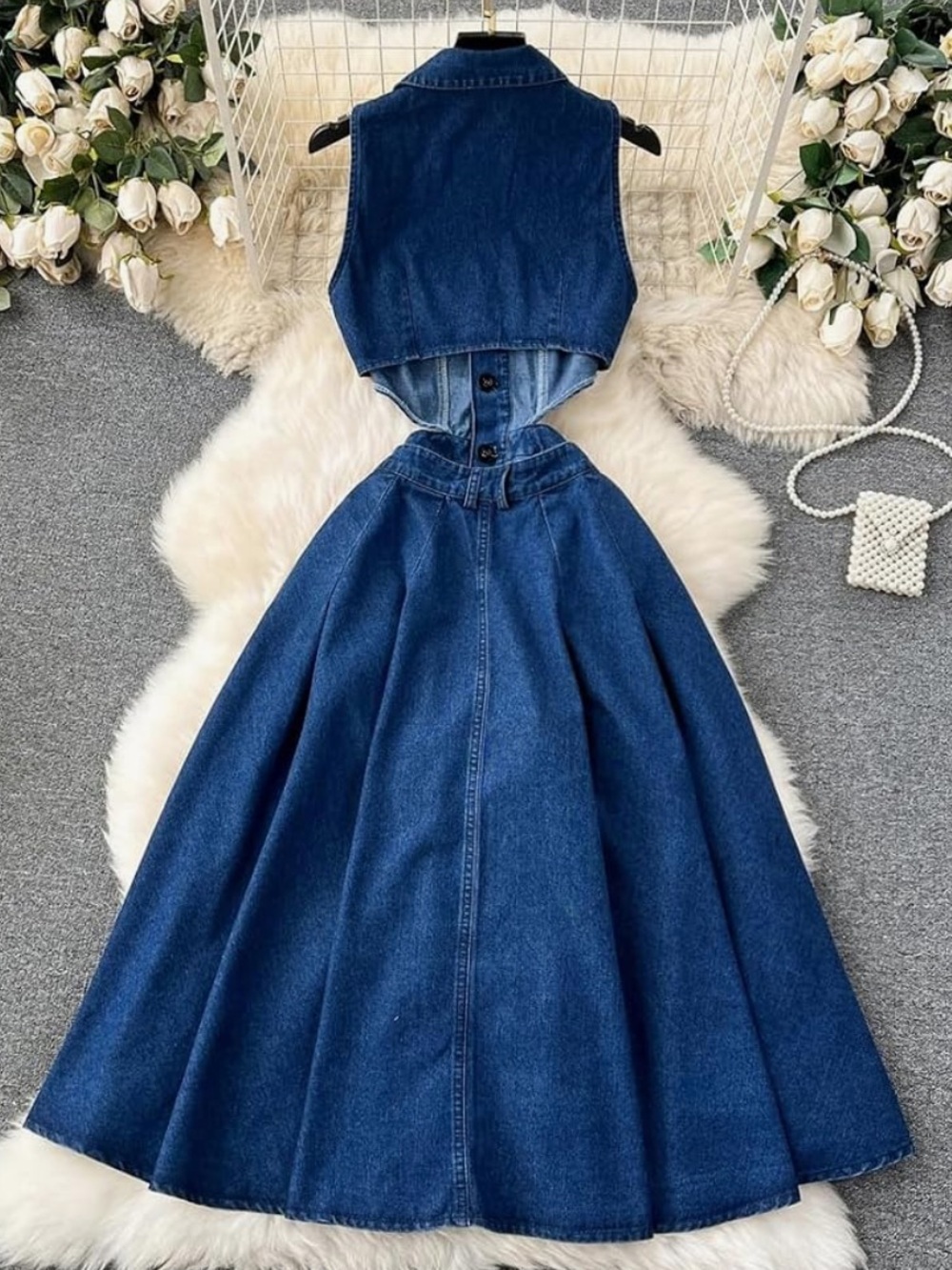 Amazon Women's Denim Midi Dress in Dark Blue with decorative gold buttons - Picture 2 of 9